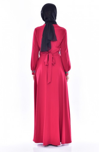 Embroidered Belted Dress 2706-02 Claret Red 2706-02