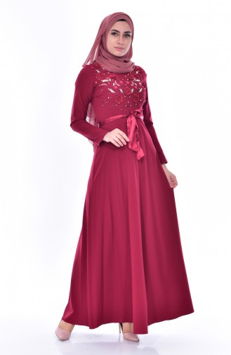 Embroidered Belted Dress 3319-05 Claret Red 3319-05