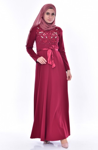 Embroidered Belted Dress 3319-05 Claret Red 3319-05