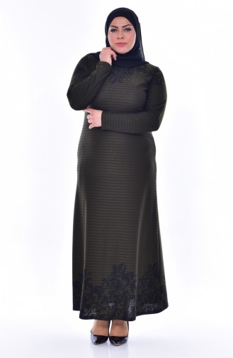Übergröße Strassstein Bedruckte Kleid 4888A-02 Khaki 4888A-02