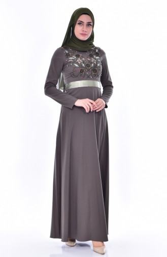Embroidered Belted Dress 3319-04 Khaki 3319-04