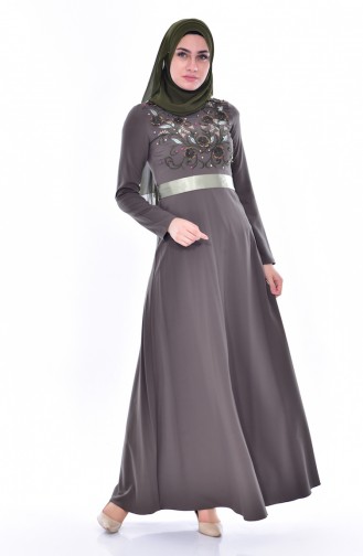 Embroidered Belted Dress 3319-04 Khaki 3319-04