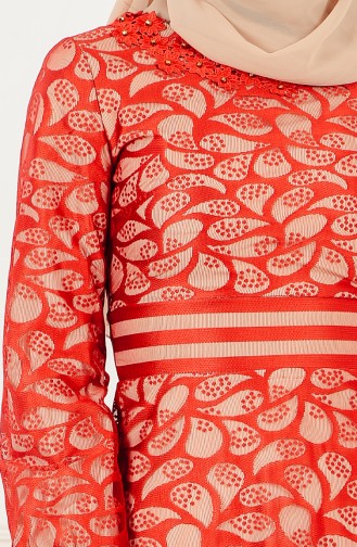 فستان سهرة يتميز بتفاصيل من الدانتيل 2350-01 لون احمر 2350-01
