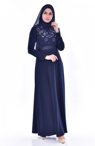 Embroidered Belted Dress 3319-03 Navy Blue 3319-03