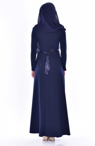 Embroidered Belted Dress 3319-03 Navy Blue 3319-03