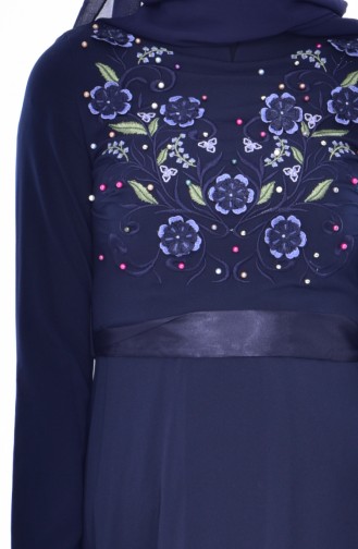 Embroidered Belted Dress 3319-03 Navy Blue 3319-03