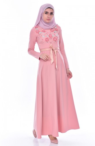 Embroidered Belted Dress 3319-02 Powder 3319-02
