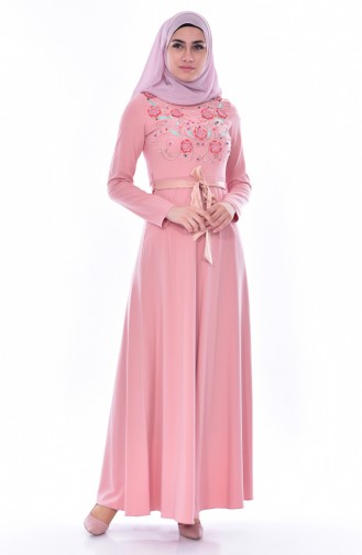 Embroidered Belted Dress 3319-02 Powder 3319-02