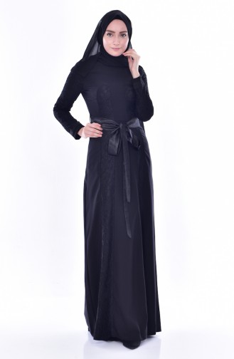 Spitzen Kleid mit Gürtel 2938-01 Schwarz 2938-01