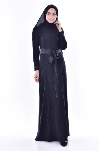 Spitzen Kleid mit Gürtel 2938-01 Schwarz 2938-01