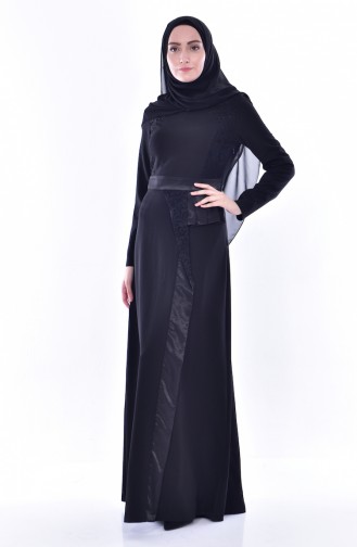 Dantelli Taşlı Elbise 2943-01 Siyah