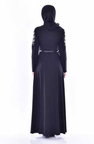 Nakışlı Kemerli Elbise 3289-03 Siyah