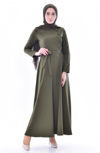 فستان بتصميم حزام خصر 1089-04 لون أخضر كاكي 1089-04
