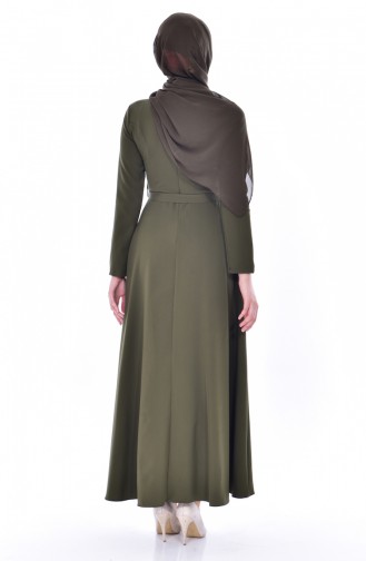 فستان بتصميم حزام خصر 1089-04 لون أخضر كاكي 1089-04