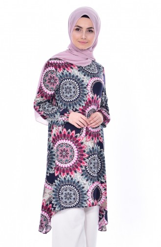 Desenli Asimetrik Tunik 8011-01 Lacivert Pembe 8011-01