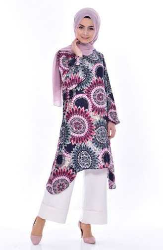 Desenli Asimetrik Tunik 8011-01 Lacivert Pembe