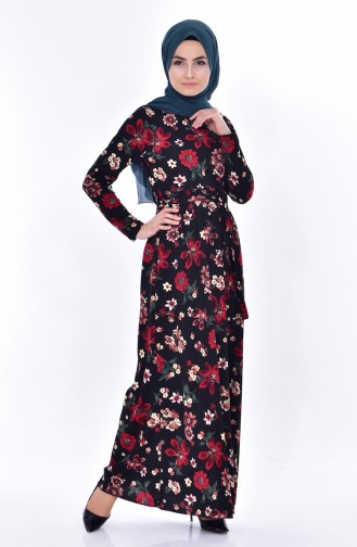 Floral Patterned Belted Dress 1022-03 Black Red 1022-03