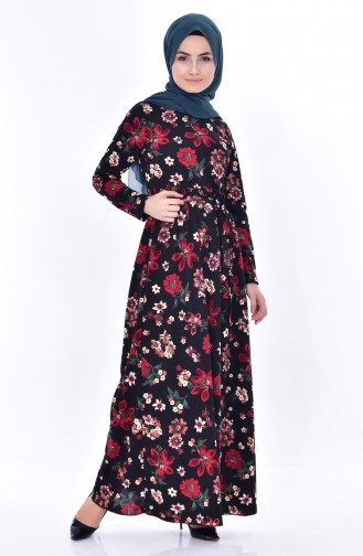 Floral Patterned Belted Dress 1022-03 Black Red 1022-03