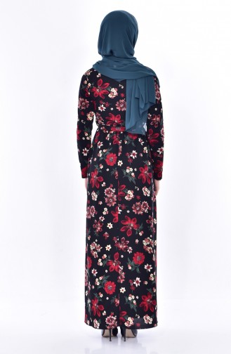 Floral Patterned Belted Dress 1022-03 Black Red 1022-03