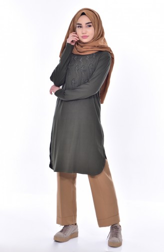 Tunique İmprimée de Pierre Grande Taille 0003-04 Khaki 0003-04