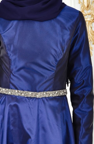 Robe de Soirée Taffetas a Ceinture 1007-05 Bleu Marine 1007-05