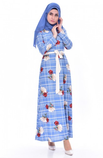 Floral Pattern Belted Dress 9035-02 Blue 9035-02