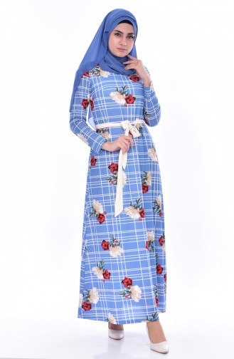 Floral Pattern Belted Dress 9035-02 Blue 9035-02