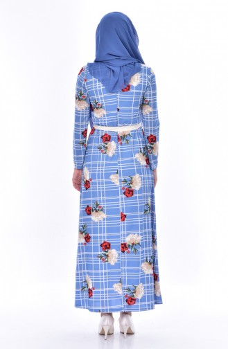 Çiçek Desenli Kuşaklı Elbise 9035-02 Mavi