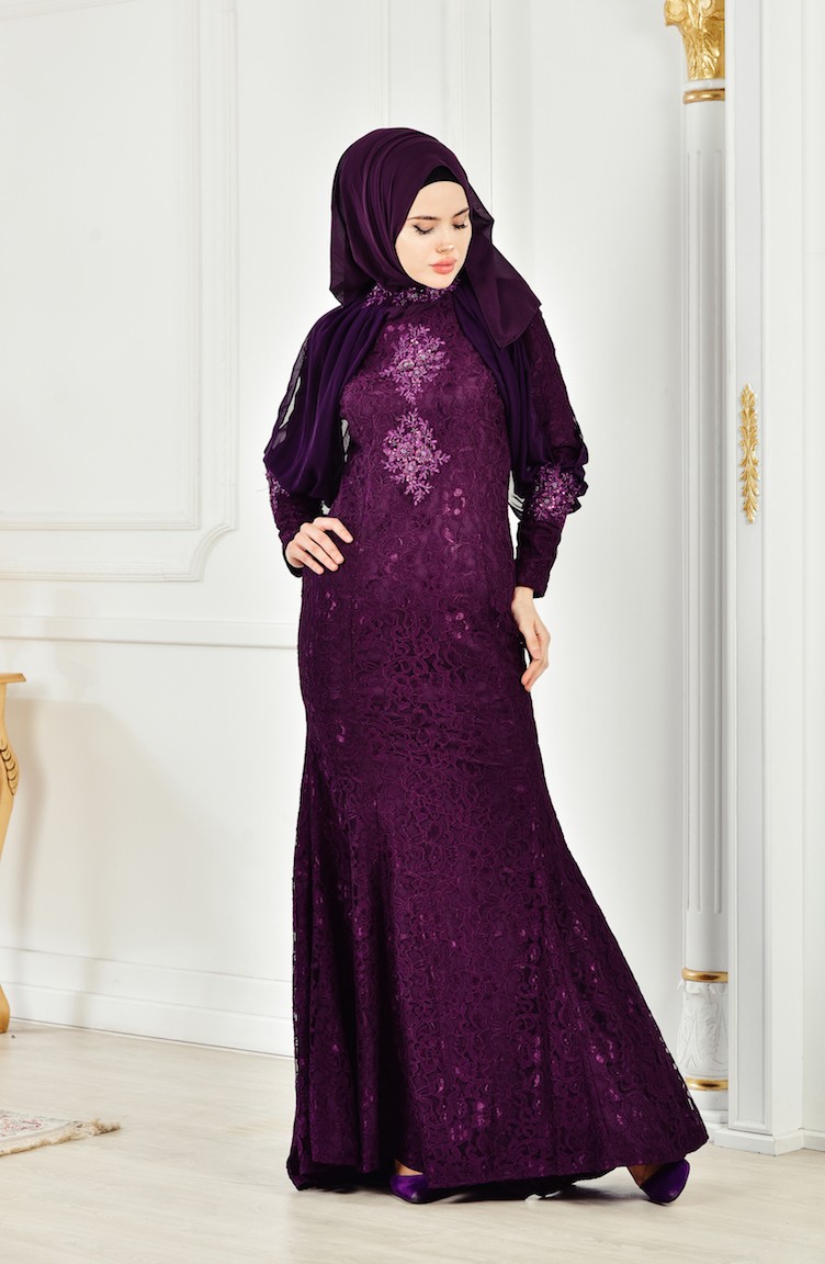 Purple Hijab Evening Dress 3128-05 | Sefamerve