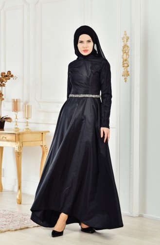 Belted Taffeta Evening Dress 1007-03 Black 1007-03