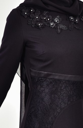 Çiçekli Dantelli Elbise 2942-01 Siyah