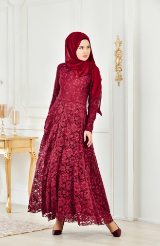 Lace Overlay Evening Dress 1008-03 Claret Red 1008-03