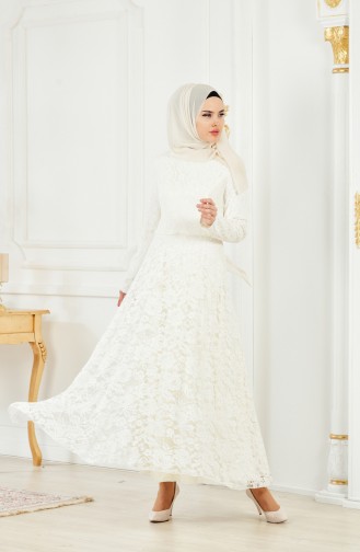 Ecru Hijab Evening Dress 1008-05
