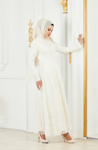 Ecru Hijab Evening Dress 1008-05