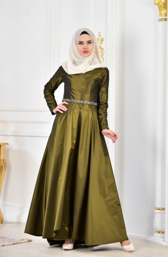 فستان سهرة بتصميم حزام للخصر 1007-02 لون اخضر كاكي 1007-02