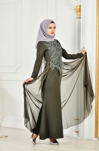 Robe de Soirée Bordée de Pierre 52690-06 Vert Khaki 52690-06