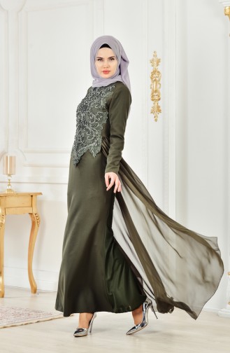 Stone Embroidered Evening Dress 52690-06 Khaki Green 52690-06