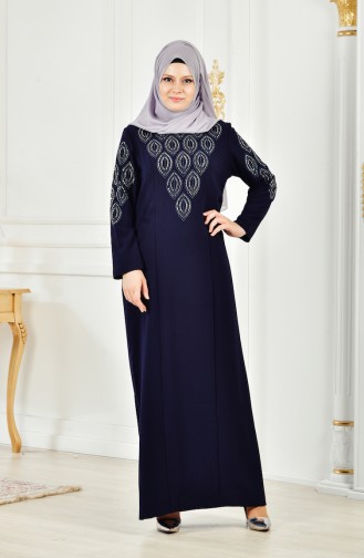 Robe İmprimée de Pierre Grande Taille 6145-03 Bleu Marine 6145-03