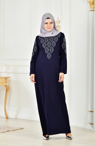 Robe İmprimée de Pierre Grande Taille 6145-03 Bleu Marine 6145-03