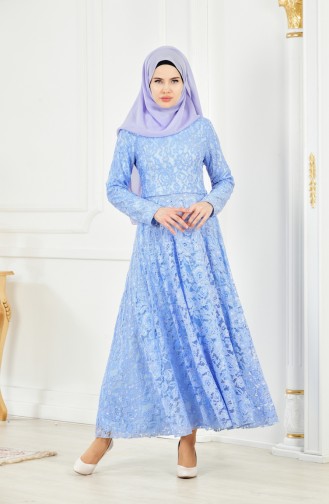 Dantel Kaplama Abiye Elbise 1008-04 Mavi 1008-04