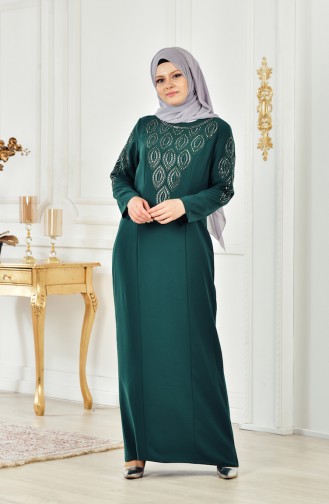 فستان مُطبع بأحجار لامعة بمقاسات كبيرة 6145-01 لون أخضر زمردي 6145-01