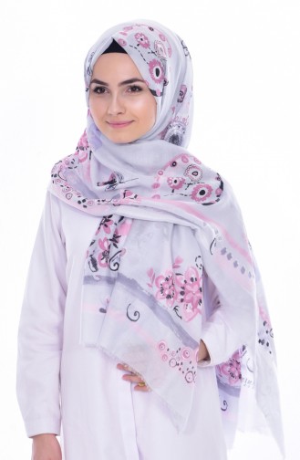 أرميني شال قطن بتصميم مُطبع 077-019-06 لون أبيض ورمادي 077-019-06