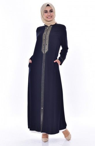 Abaya Bordée Grande Taille 0183-02 Bleu Marine 0183-02