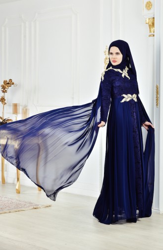 Navy Blue Hijab Evening Dress 8110-03