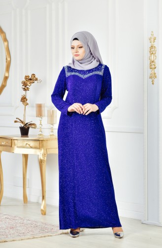 Robe de Soirée İmprimée de Pierre Grande Taille 6151-01 Bleu Roi 6151-01