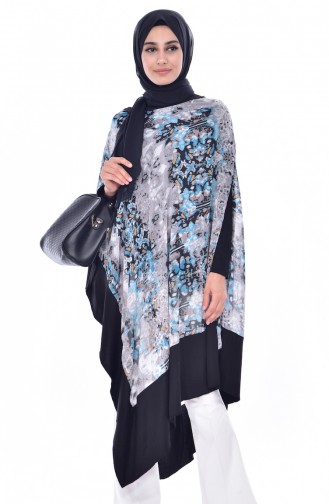 Poncho Mousseline Garnie 1019-01 Gris Noir 1019-01