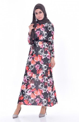 Çiçek Desenli Kuşaklı Elbise 6061B-01 Siyah