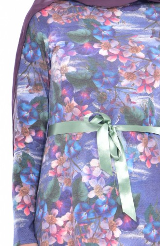 Çiçek Desenli Kuşaklı Elbise 6061C-01 Yeşil
