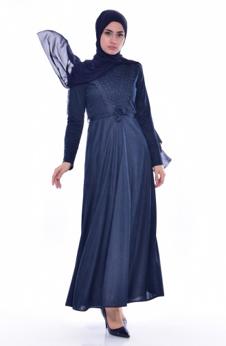 Lacy Belted Dress 1185-03 Navy Blue 1185-03