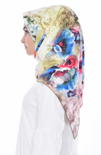 Çiçek Desenli Twill Eşarp 95185-01 Yağ Yeşili 01
